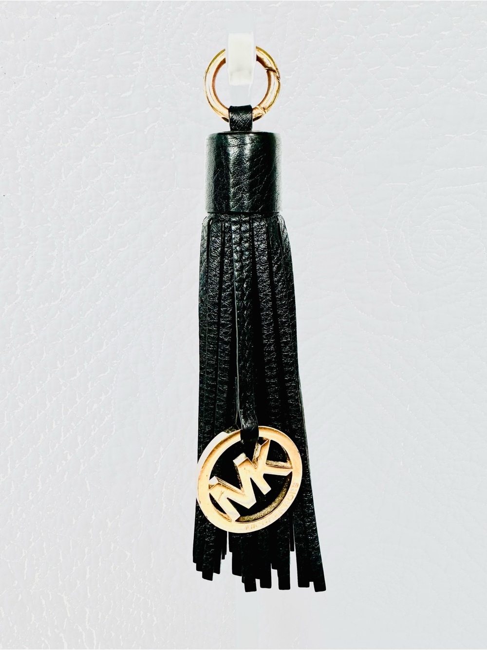 Michael Kors Black Leather Tassel Key & Bag Charm with Gold MK Logo